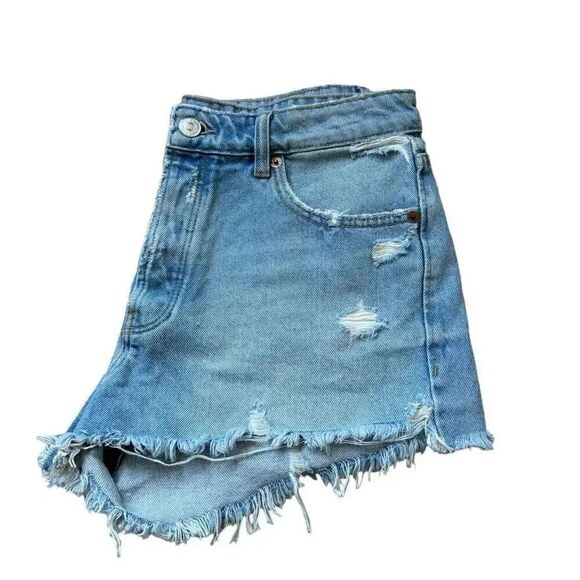 Zara Frayed High Rise Denim Shorts Medium Wash Button Fly Women's SZ 8 #2095 - Picture 4 of 9